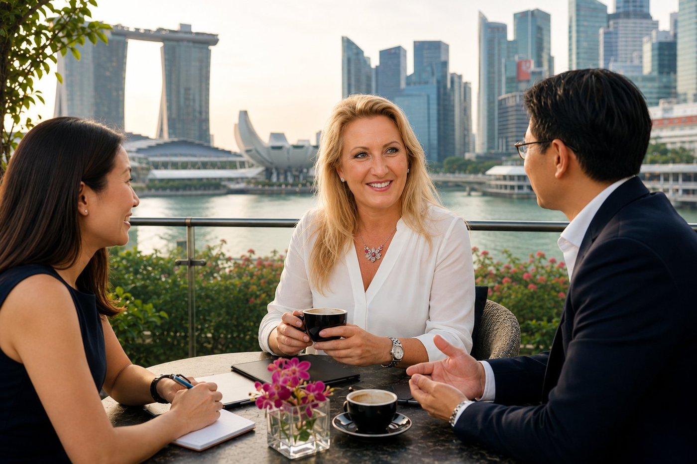 Rebecca Bulmer, business meeting in Singapore waterfront